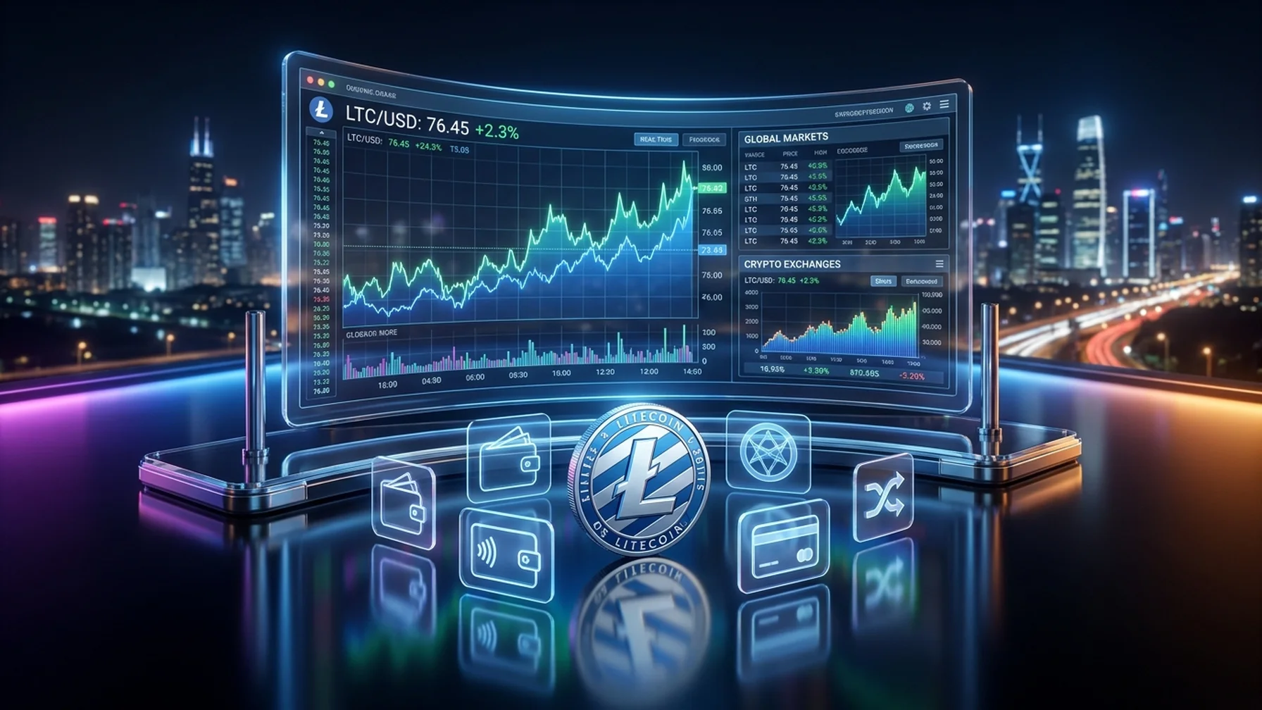 A stylised physical coin of Litecoin is prominently positioned as the 